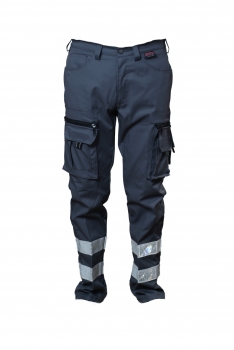 DRK-Jeans Notice & Call "Perfect Fit", graue Hose mit Blocktasche, Comfort-Stretchhose grau, DRK-Hose mit Stretch, graue Hose mit weißen Reflexstreifen,