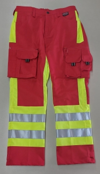 Rettungsdiensthose, Jeanshose dunkelrot/neongelb, Warnschutzhose, Sichtbarkeit, Reflexstreifen 3M/silber, Einsatzhose, Hose mit Blocktasche,