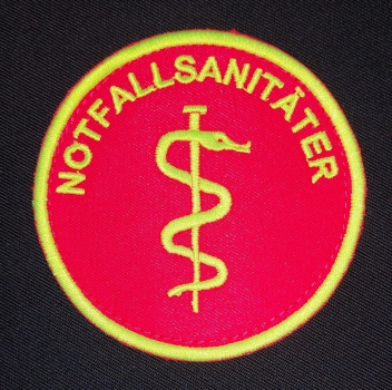 Preview: Embleme leuchtrot/gelb, gesticktes Emblem, Emblem mit Klett, Emblem zum aufnähen,