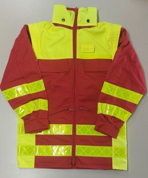 Einsatzanorak dunkelrot/neongelb Art. 8888, neongelbe Einsatzjacke, Rettungsdienstjacke mit gelben Reflexstreifen, Schutzjacke neongelb/rot