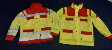 Preview: Einsatzjacke neongelb/rot oder neongelb/blau, Sonderpreisartikel, dunkelrote Jacke mit silbernen Reflexstreifen,