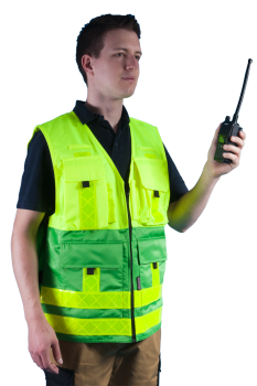 Feuerwehr-Weste grün/gelb Art. 9319/LIF, Kennzeichungsweste mit Taschen, Weste in grün/gelb, Überwurfweste mit Taschen,