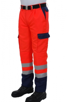 Preview: Einsatzhose leuchtrot/blau, Rettungsdiensthose, Trevira, Hose leuchrot, Reflexstreifen 3M/silber,