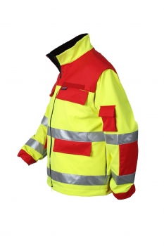 Preview: Softshell-Jacke neongelb/dunkelrot, Warnschutz, Softshelljacke mit abnehmbaren Armen, Softshell-Westen neongelb, Softshell mit Reflexstreifen, Wetterschutzjacke,