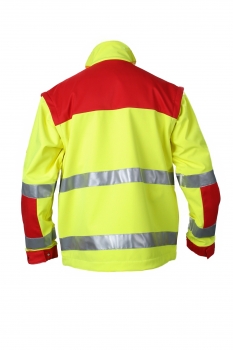 Softshell-Jacke neongelb/dunkelrot, Warnschutz, Softshelljacke mit abnehmbaren Armen, Softshell-Westen neongelb, Softshell mit Reflexstreifen, Wetterschutzjacke,