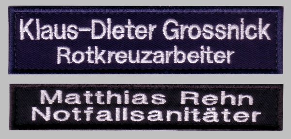 Namensschild zweizeilig, Namensschilder selbst gestalten, individuelle Namensschilder, Namensschild gestickt, Namensabzeichen,