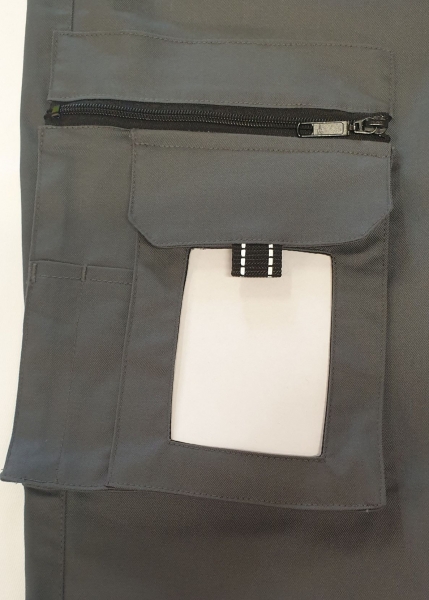 DRK-Jeans Notice & Call "Perfect Fit", graue Hose mit Blocktasche, Comfort-Stretchhose grau, DRK-Hose mit Stretch, graue Hose mit weißen Reflexstreifen,