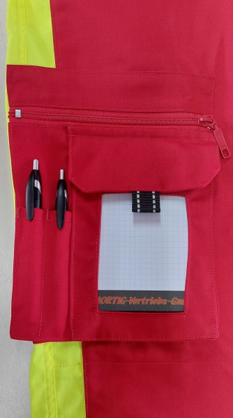 Rettungsdiensthose, Jeanshose dunkelrot/neongelb, Warnschutzhose, Sichtbarkeit, Reflexstreifen 3M/silber, Einsatzhose, Hose mit Blocktasche,