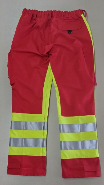 Rettungsdiensthose, Jeanshose dunkelrot/neongelb, Warnschutzhose, Sichtbarkeit, Reflexstreifen 3M/silber, Einsatzhose, Hose mit Blocktasche,