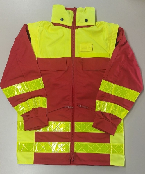 Einsatzanorak dunkelrot/neongelb Art. 8888, neongelbe Einsatzjacke, Rettungsdienstjacke mit gelben Reflexstreifen, Schutzjacke neongelb/rot