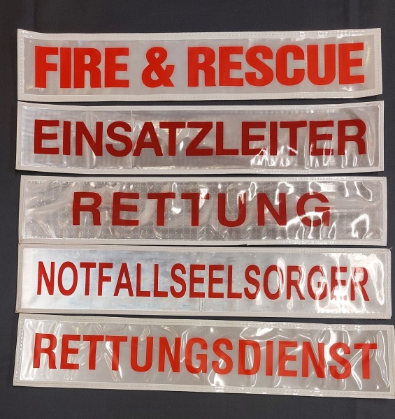 Rückenschild weiss/rot, Sonderpreisartikel, Rückenschilder in 42x8 cm, Schild mit roter Schrift,