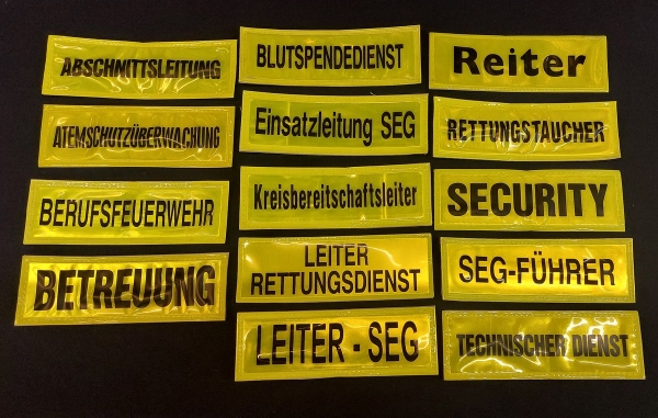 Brustschilder gelb, Sonderpreis, Reflexschild für die Brust, glänzende Brustschilder, Brustschild 15x5 cm, gelbes Reflexschild,