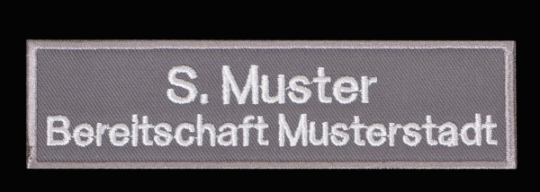 Namensschild grau zweizeilig, DRK-Namensschild, Namensschilder selbst gestalten, individuelle Namensschilder, Namensschild gestickt, Namensabzeichen, Namensschilder für Notfallseelsorge,