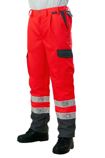 Einsatzhose leuchtrot/grau Art. 9202/RK/GR, Hose in leuchtrot/grau, Rettungsdiensthose mit weißen Streifen,