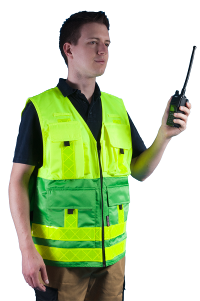 Feuerwehr-Weste grün/gelb Art. 9319/LIF, Kennzeichungsweste mit Taschen, Weste in grün/gelb, Überwurfweste mit Taschen,